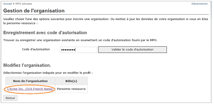 Cette image présente l'écran « Gestion de l'organisation », dans lequel le nom de l'organisation est encerclé d'un trait orange