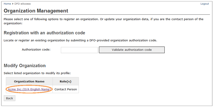 This is an image of the Organization Management screen, where an Organization name is circled in orange