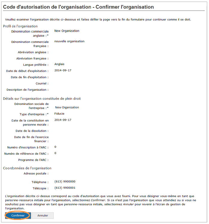 Cette image présente l'écran « Code d'autorisation de l'organisation – Confirmer l'organisation », dans lequel le bouton « Confirmer » est encerclé d'un trait orange