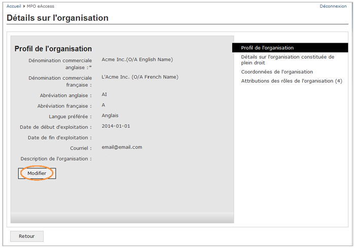 Cette image présente l'écran « Détails sur l'organisation », dans lequel le bouton « Modifier » est encerclé d'un trait orange