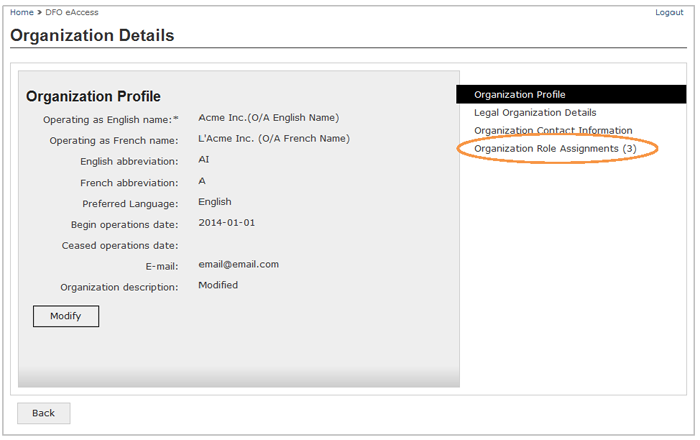 This is an image of the Organization Details screen, where the Organization Role Assignments hyperlink is circled in orange