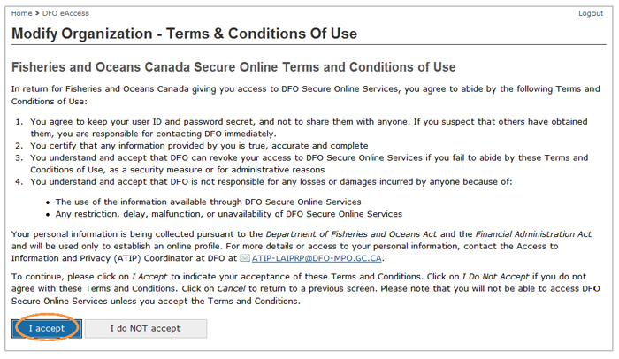 This is an image of the Modify Organization- Terms & Conditions Of Use screen, where the I accept button is circled in orange