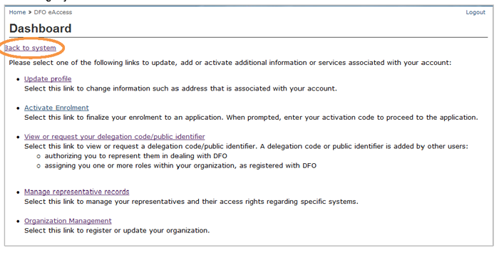 This is an image of the Dashboard screen, where the Back to the system hyperlink is circled in orange