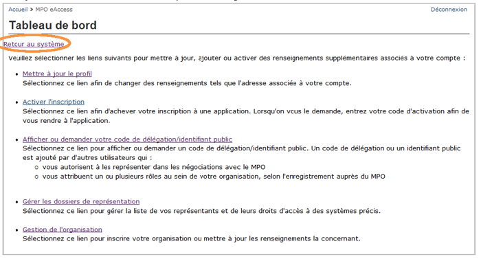 Cette image présente l'écran « Tableau de bord », dans lequel l'hyperlien « Retour au système » est encerclé d'un trait orange