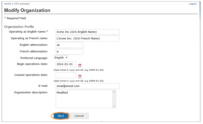 This is an image of the Modify Organization screen, where the Next button is circled in orange