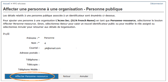 Cette image présente l'écran « Affecter une personne à l'organisation – Personne publique », dans lequel le bouton « Désigner une personne-ressource » est encerclé d'un trait orange