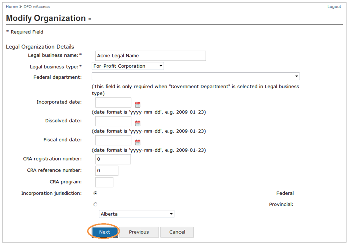 This is an image of the Modify Organization screen, where the Next button is circled in orange