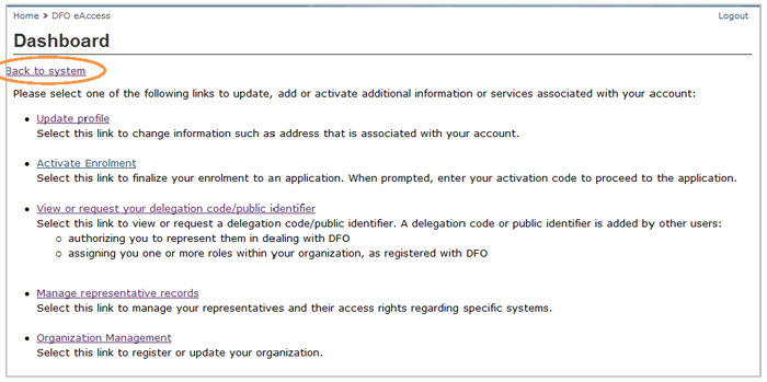 This is an image of the Dashboard screen, where the Back to the system hyperlink is circled in orange