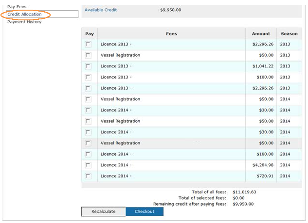 This is an image of the Credit Allocation screen, where the Credit Allocation hyperlink is circled in orange