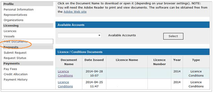 This is an image of the Print Documents screen, where the Print Documents hyperlink is circled in orange