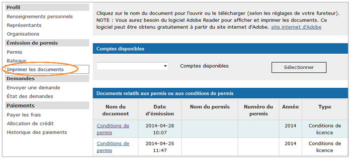 Cette image présente l'écran « Documents à imprimer », dans lequel l'hyperlien « Imprimer les documents » est encerclé d'un trait orange