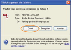 Cette image présente la fenêtre contextuelle « Téléchargement de fichiers », dans laquelle le bouton « Ouvrir » est encerclé d'un trait orange