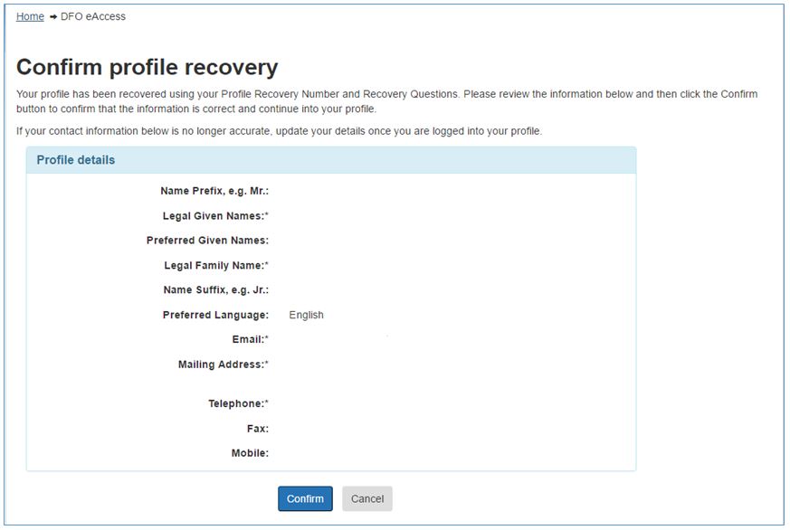 Screenshot : Confirm profile recovery