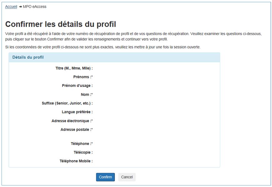 Capture d'écran : Confirmer les détailes du profil