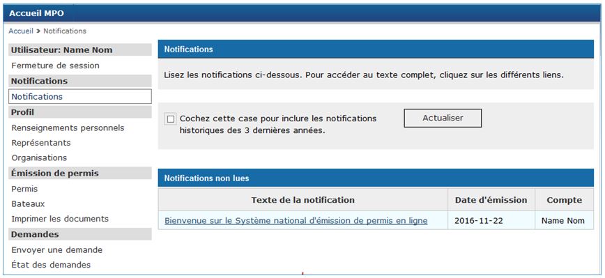 Capture d'écran : Notifications - connecté au système