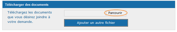 Cette image présente l'écran « Nouvelle demande », dans lequel le bouton « Télécharger des documents–Parcourir » est encerclé d'un trait orange