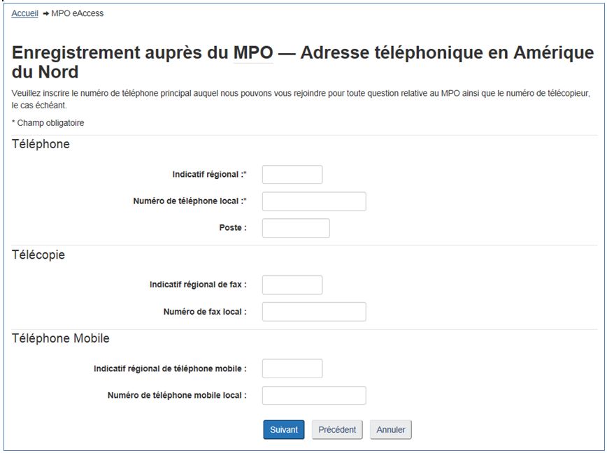 Capture d'écran : Enregistrement auprès du MPO – Adresse téléphonique en Amérique du Nord