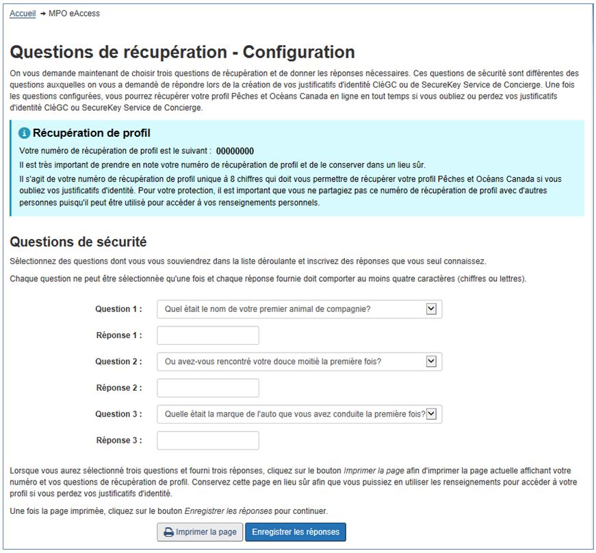 Capture d'écran : Questions de récupération - configuration 