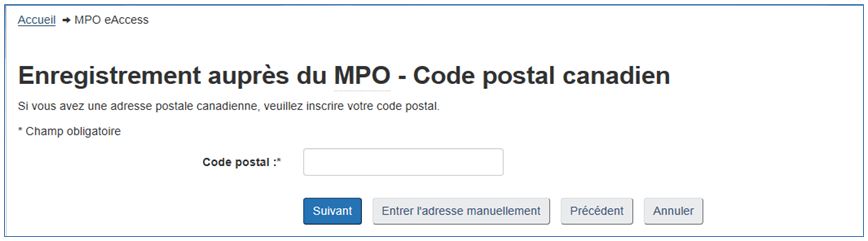 Capture d'écran : Enregistrement auprès du MPO – Code postal canadien