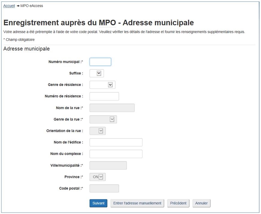 Capture d'écran : Enregistrement auprès du MPO – Adresse municipale