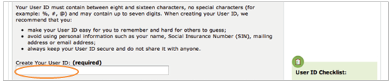 This is an image of the GCKey User ID screen where the Create your User ID box has been circled in orange