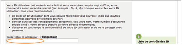 Cette image présente l’écran de l’ID utilisateur de CléGC, dans lequel la case de saisie « Créez votre ID utilisateur » est encerclée en orange