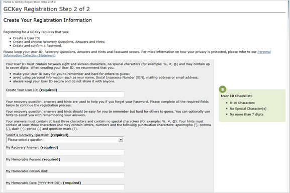 This is an image of the GCKey Registration Step 2 of 2 screen