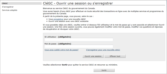 Cette image présente l’écran « CléGC – Ouvrir une session ou s’enregistrer »