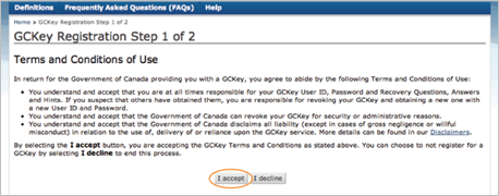 This is an image of the GCKey Registration Step 1 of 2 screen where “I accept”
 has been circled in orange