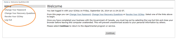 This is an image of the GCKey Welcome Screen where the user options have been circled in orange