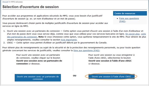 Cette image présente l’écran « Sélection d’ouverture de session », dans lequel le bouton « Ouvrir une session à l’aide d’une CléGC » est encerclé en orange