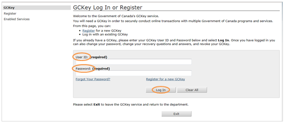 This is an image of the GCKey Log In and Register screen where the User ID and Password, as well as the Log In button have been circled in orange