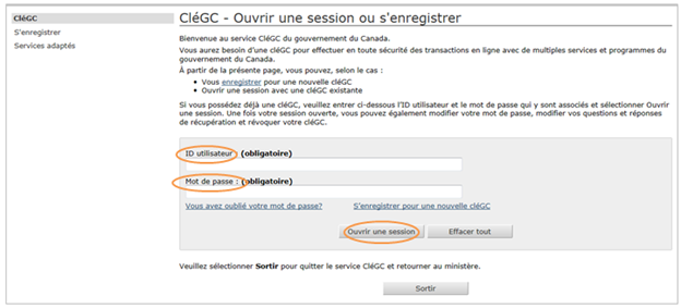 Cette image présente l’écran « CléGC – Ouvrir une session ou s’enregistrer », dans lequel les champs « ID utilisateur » et « Mot de passe », ainsi que le bouton « Ouvrir une session » sont encerclés en orange