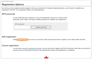 This is an image of the Registration Options screen where the self-registration hyperlink has been circled in orange