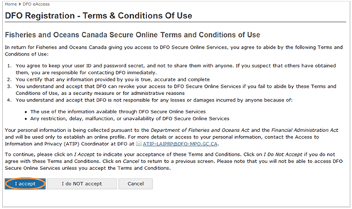 This is an image of the DFO Registration- Terms and Conditions of Use screen, the I accept button is circled in orange