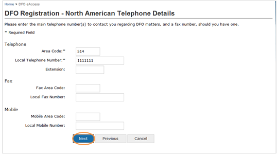 This is an image of the DFO Registration- North American Telephone Details screen, where the Next button is circled in orange