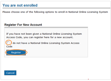 This is an image of the You are not enrolled screen, where the check box and the Register button is circled in orange