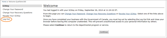 This is an image of the GCKey Welcome User screen, where the Log Out selection has been circled in orange