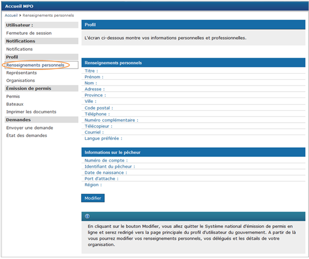 Cette image présente l’écran « Profil », dans lequel l’hyperlien « Renseignements personnels » est encerclé en orange