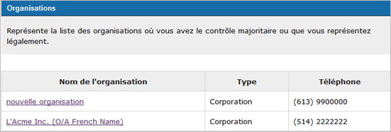 Cette image présente l’écran « Organisations »