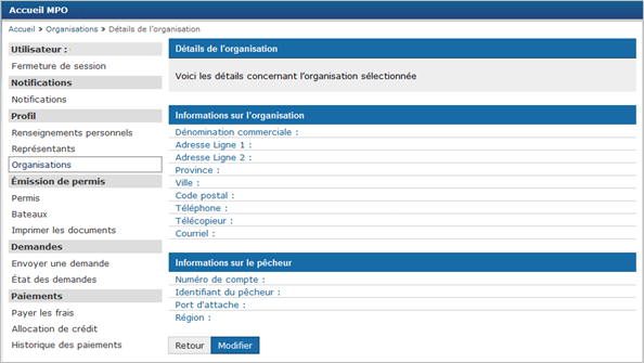 Cette image présente l’écran « Détails sur l’organisation »