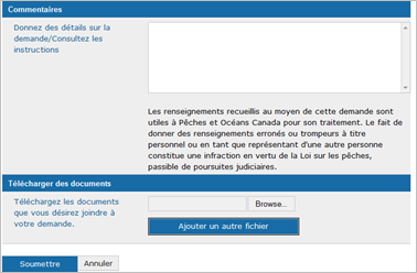 Cette image présente les sections « Commentaires » et « Télécharger des documents » de l’écran « Nouvelle demande »