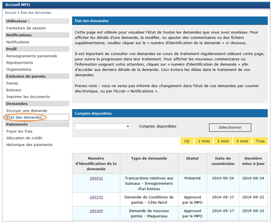 Cette image présente l’écran « État des demandes », dans lequel l’hyperlien « État des demandes » est encerclé en orange