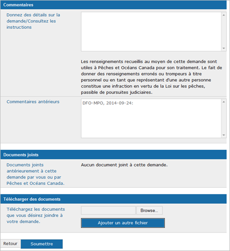 Cette image présente les sections « Commentaires », « Documents joints » et « Télécharger des documents » de l’écran « Détails de la demande »