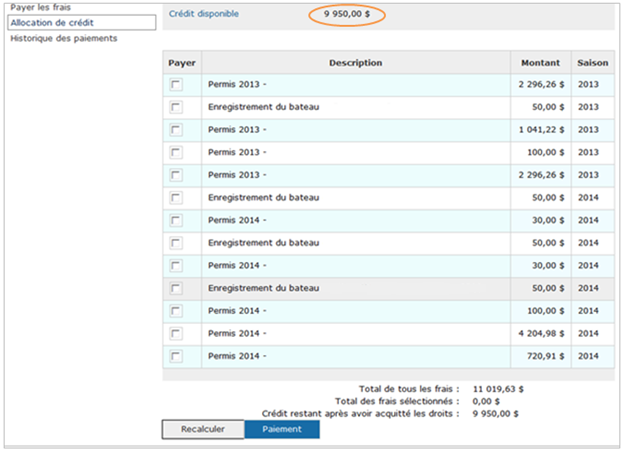 Cette image présente l’écran d’allocation de crédit, dans lequel le montant de crédit disponible est encerclé en orange