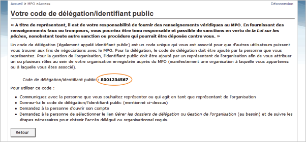 Cette image présente l’écran « Votre code de délégation/identifiant public », dans lequel le code de délégation/identifiant public est encerclé en orange