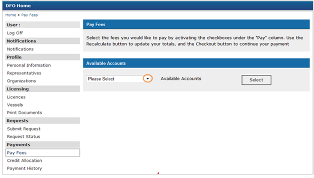 This is an image of the Pay Fees screen, where the drop down menu for Available Accounts is circled in orange