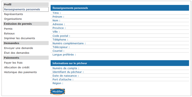 Cette image présente l’écran « Renseignements personnels », dans lequel le bouton « Modifier » est encerclé en orange