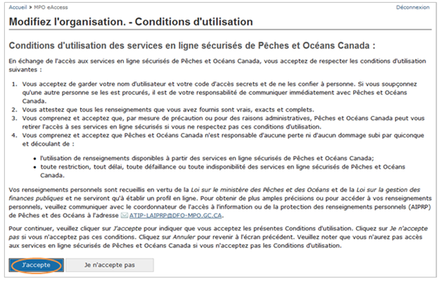 Cette image présente l’écran « Modifiez l’organisation – Conditions d’utilisation », dans lequel le bouton « J’accepte » est encerclé en orange