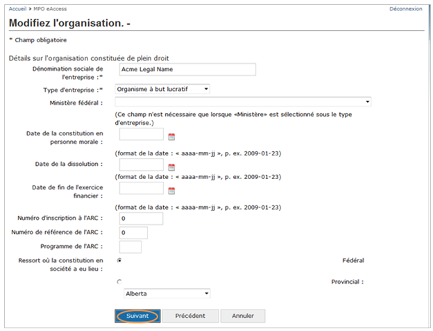 Cette image présente l’écran « Modifiez l’organisation », dans lequel le bouton « Suivant » est encerclé en orange